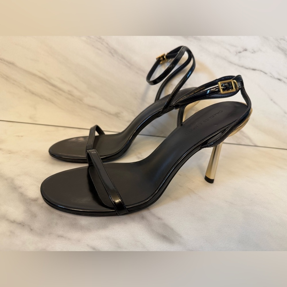 Charles & Keith Black Ankle Strap Heels with Gold Heel Minimalist Chic Size 39 - Picture 6 of 13